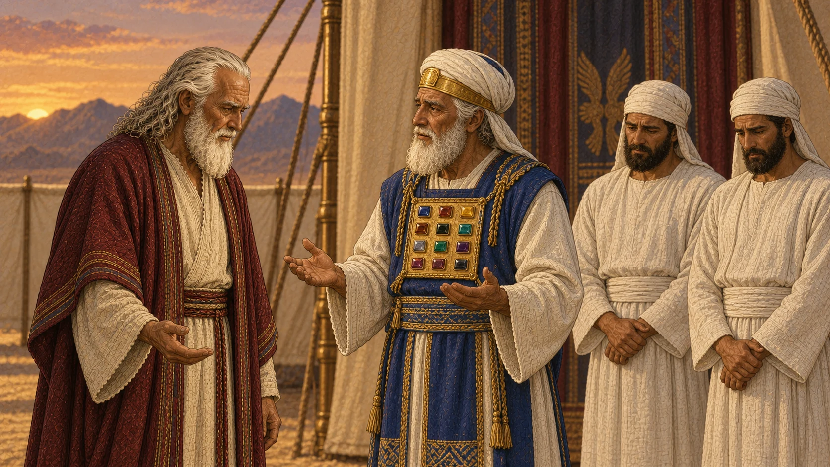Aaron steps between Moses and his remaining sons and answers with open, grief-weary hands, explaining why he could not eat that day. Moses' stern posture softens into sober acceptance while Eleazar and Ithamar stand quietly behind Aaron. Sanctuary entrance at evening, relational resolution, no speech text, bodies, blood, fire, food, torn garments, or visible deity.