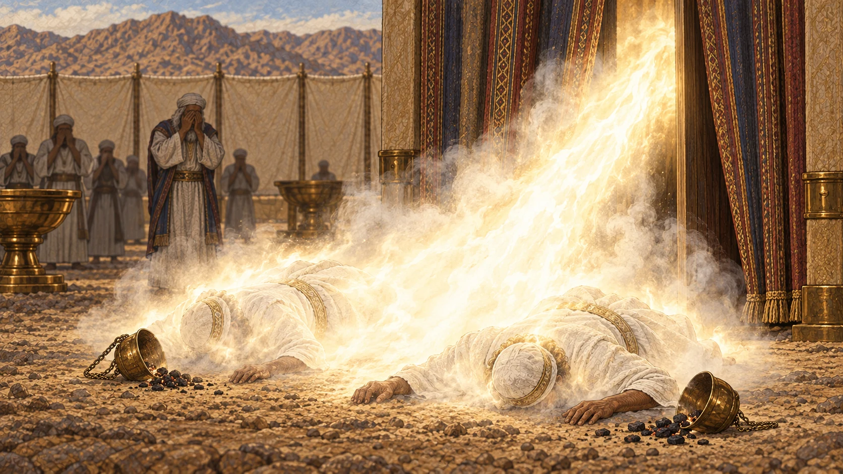A concentrated supernatural flame streams from the tent entrance toward Nadab and Abihu. Their two bronze firepans fall as both men collapse within intact, unburned linen tunics. Show the judgment as sudden and solemn, with the bodies largely obscured by bright light and smoke. No charred flesh, exposed anatomy, blood, gore, screaming crowd, wildfire, humanoid deity, or faces in the flame.