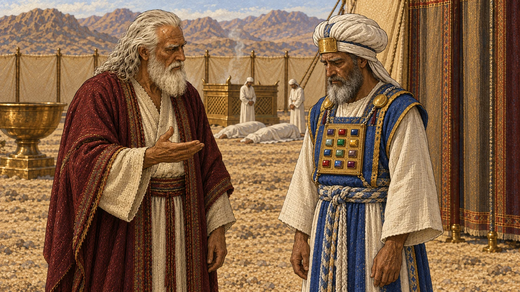 Beside the sanctuary entrance after the fire has subsided, Moses speaks gravely to Aaron. Moses wears cream robe and burgundy mantle; Aaron remains in complete high-priestly garments, standing rigid and silent with grief held inward. Two covered forms lie distant and unobtrusive behind attendants. No speech text, visible deity, active flame, blood, gore, theatrical weeping, or torn garments.