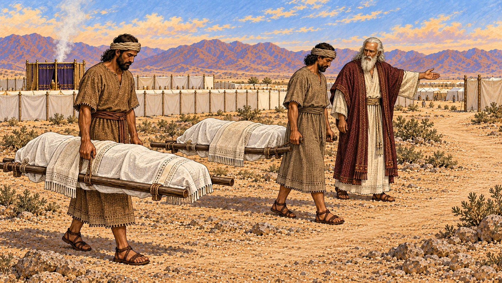 Mishael and Elzaphan, two adult Levite relatives in plain linen, respectfully carry the two deceased priests away from the sanctuary on separate simple cloth-supported litters, their intact tunics fully covering the bodies. Moses directs the route toward the camp boundary. Exactly two carriers and two covered forms are legible; no exposed faces, burned flesh, blood, gore, flames, or funeral spectacle.