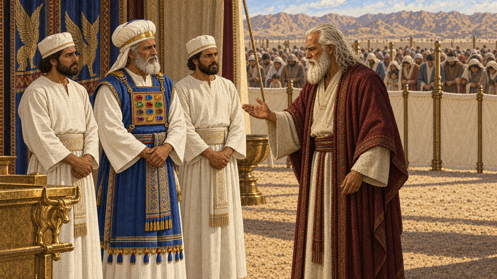 At the entrance of the tent of meeting, Moses firmly instructs Aaron, Eleazar, and Ithamar. The three priests keep their hair orderly, garments untorn, and remain within the sanctuary boundary while the distant congregation mourns beyond the linen court. Aaron's anointed head and garments remain dignified. No departure, torn cloth, loosened hair, bodies, blood, fire, or visible deity.