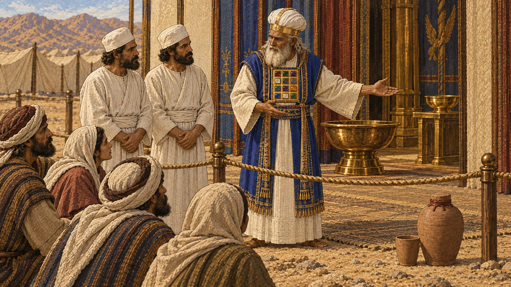 Aaron teaches Eleazar and Ithamar at the sanctuary entrance. An untouched sealed wine jar and drinking cup sit outside the threshold, while inside the court he points between clean sanctuary vessels and common camp vessels, teaching an attentive group of adult Israelites. Show abstinence and discernment through placement and gesture; no drinking, intoxication, text labels, animals, blood, death, or visible deity.