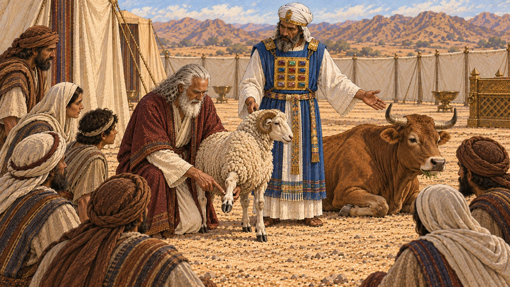 Moses in cream robe and burgundy mantle and Aaron in priestly garments teach Israelite families beside a healthy sheep and ox. Moses points to the clearly split hoof of the sheep while the resting ox calmly chews cud, showing that permitted land animals possess both signs. No butchered meat, blood, carcasses, charts, labels, or supernatural figure.