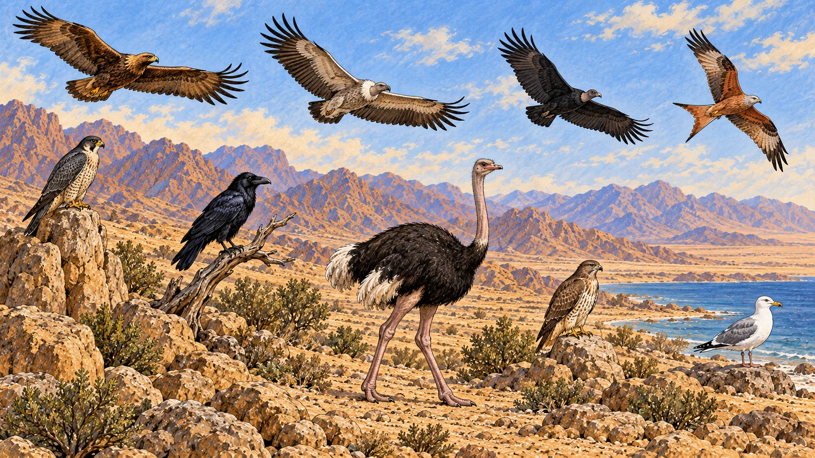 Across a rocky desert sky and ground, show the first named unclean flying creatures in natural scale: eagle, vulture, black vulture, kite, falcon, raven, ostrich, hawk, and gull. Arrange them as one cohesive wilderness panorama with some soaring and some perched, each species visually distinct. No humans, dead prey, blood, attacking birds, labels, specimen grid, or extra species.