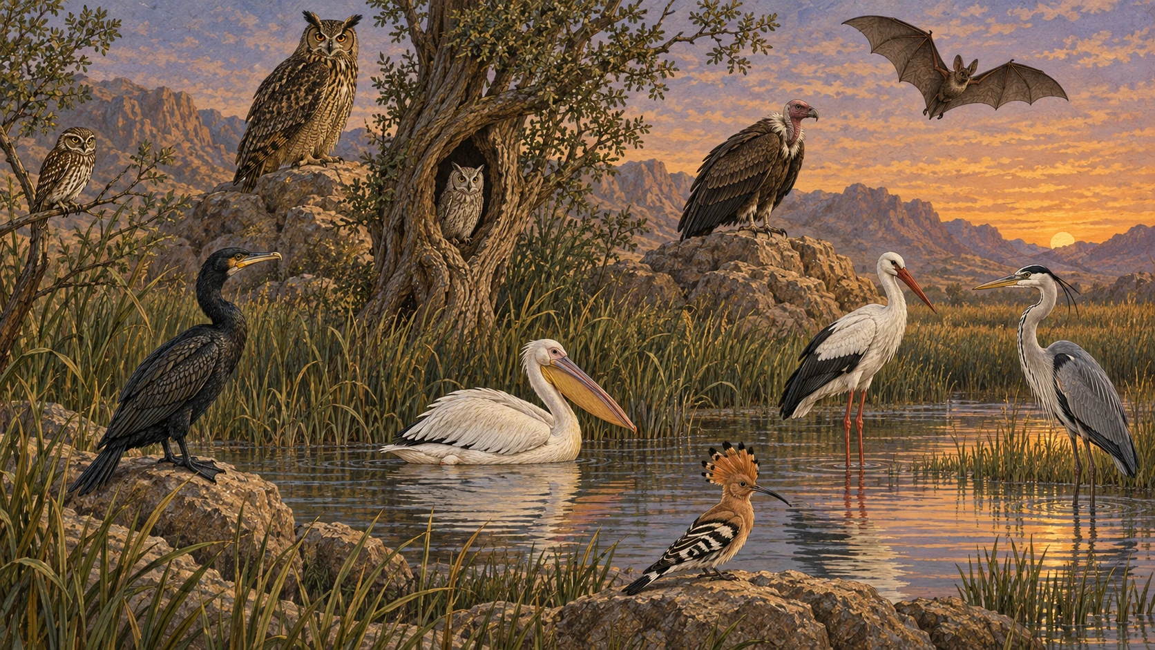 At a twilight marsh bordering rocky country, show the remaining named creatures naturally together: little owl, cormorant, great owl, another small owl type, pelican, carrion vulture, stork, heron, hoopoe, and one bat overhead. One cohesive habitat panorama, not a chart. No humans, dead prey, blood, labels, taxonomic grid, supernatural symbolism, or extra animals.
