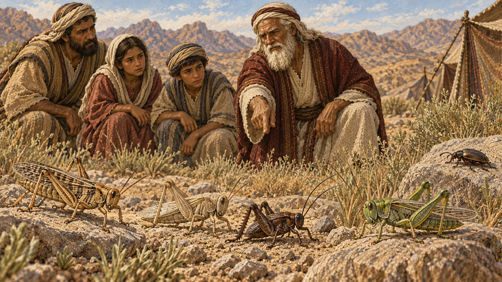 On desert grasses, an elder teaches a family to distinguish winged crawling insects. Four edible leaping kinds with conspicuous jointed hind legs—locust, bald locust, cricket, and grasshopper—occupy the foreground, while a small non-leaping winged crawler remains apart and untouched. Natural insect scale enlarged only enough for clarity; no eating, swarm, plague, labels, specimen boxes, or fantastical anatomy.