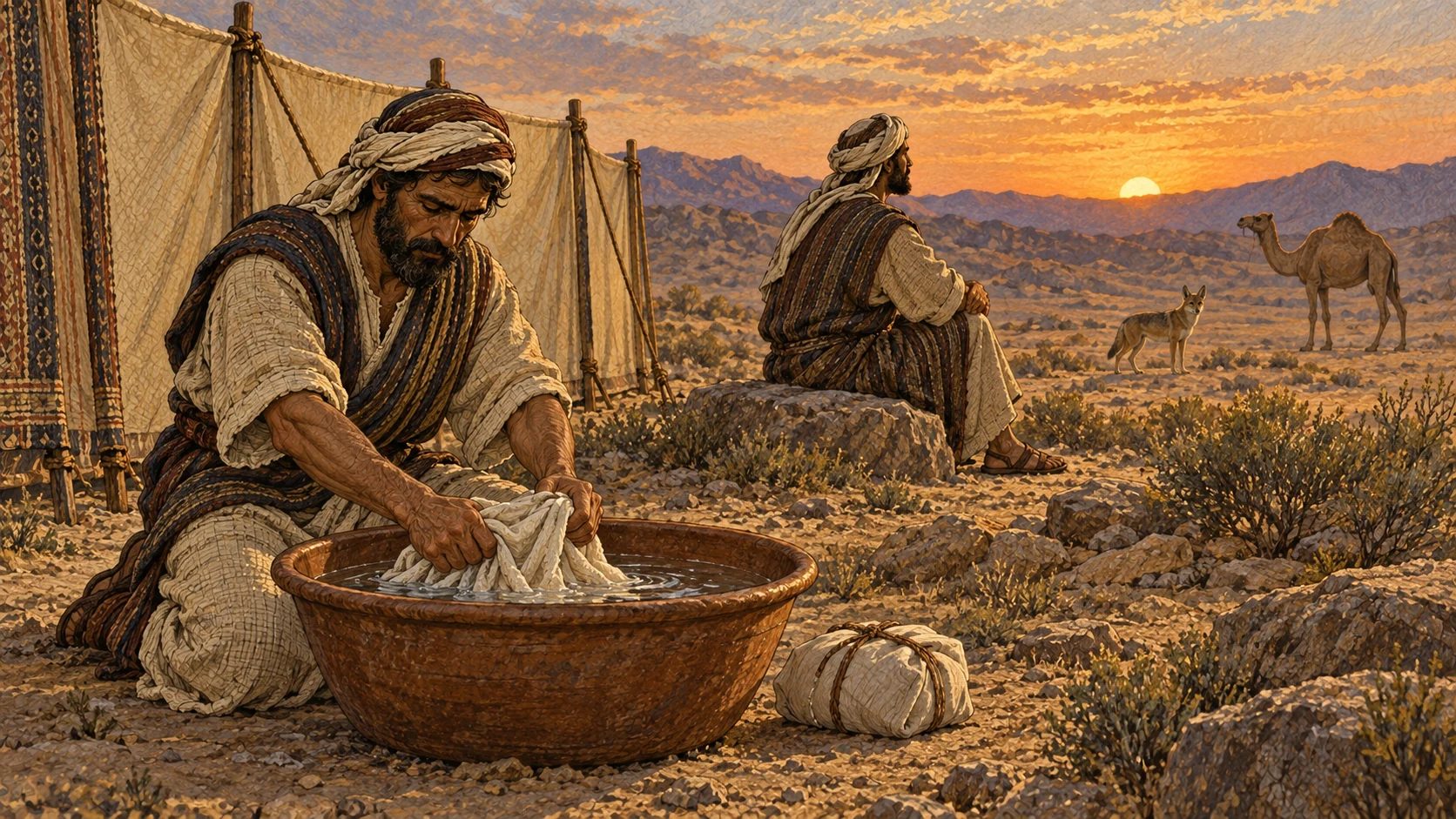 At the camp boundary near sunset, one Israelite who carried a small covered animal carcass washes his linen garment in a basin while another who touched it waits apart until evening. A living pawed desert animal and a partially divided-hoof animal remain distant as teaching examples, never as carcasses. No exposed dead animal, blood, gore, illness, labels, or public shaming.