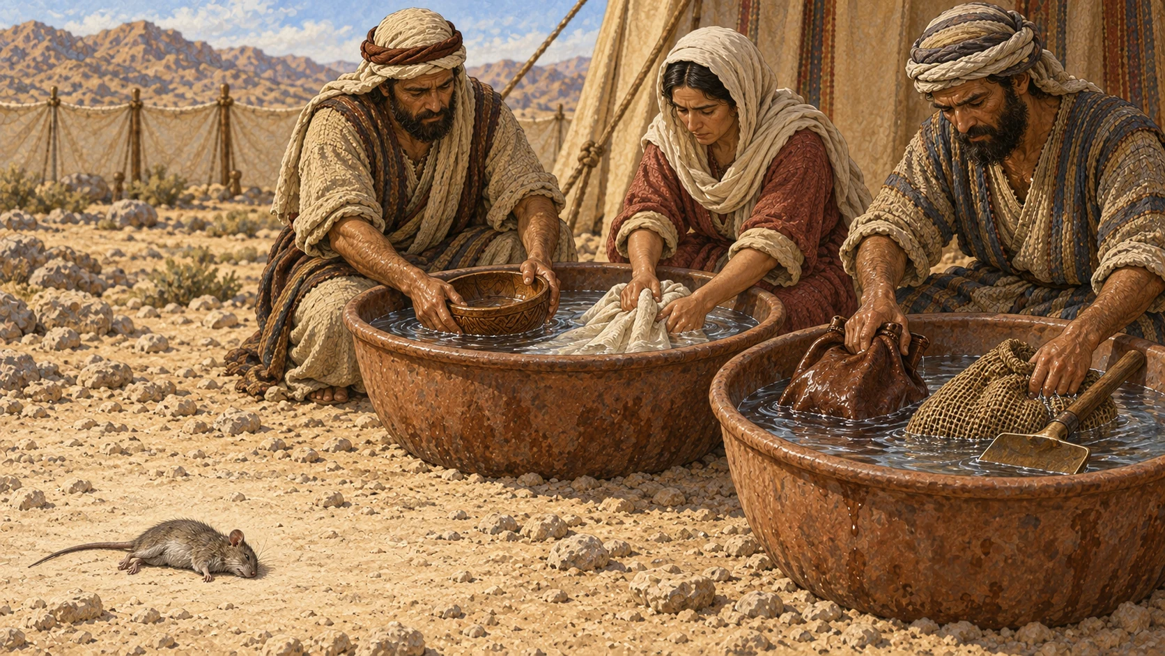 A dead mouse has fallen beside a group of camp objects, prompting an Israelite household to immerse the affected wooden vessel, linen garment, leather skin, sackcloth, and work tool in large water basins until evening. Keep the tiny carcass separate and non-graphic while each five material types is legible. No broken pottery, contaminated food, blood, gore, labels, or modern cleaning supplies.