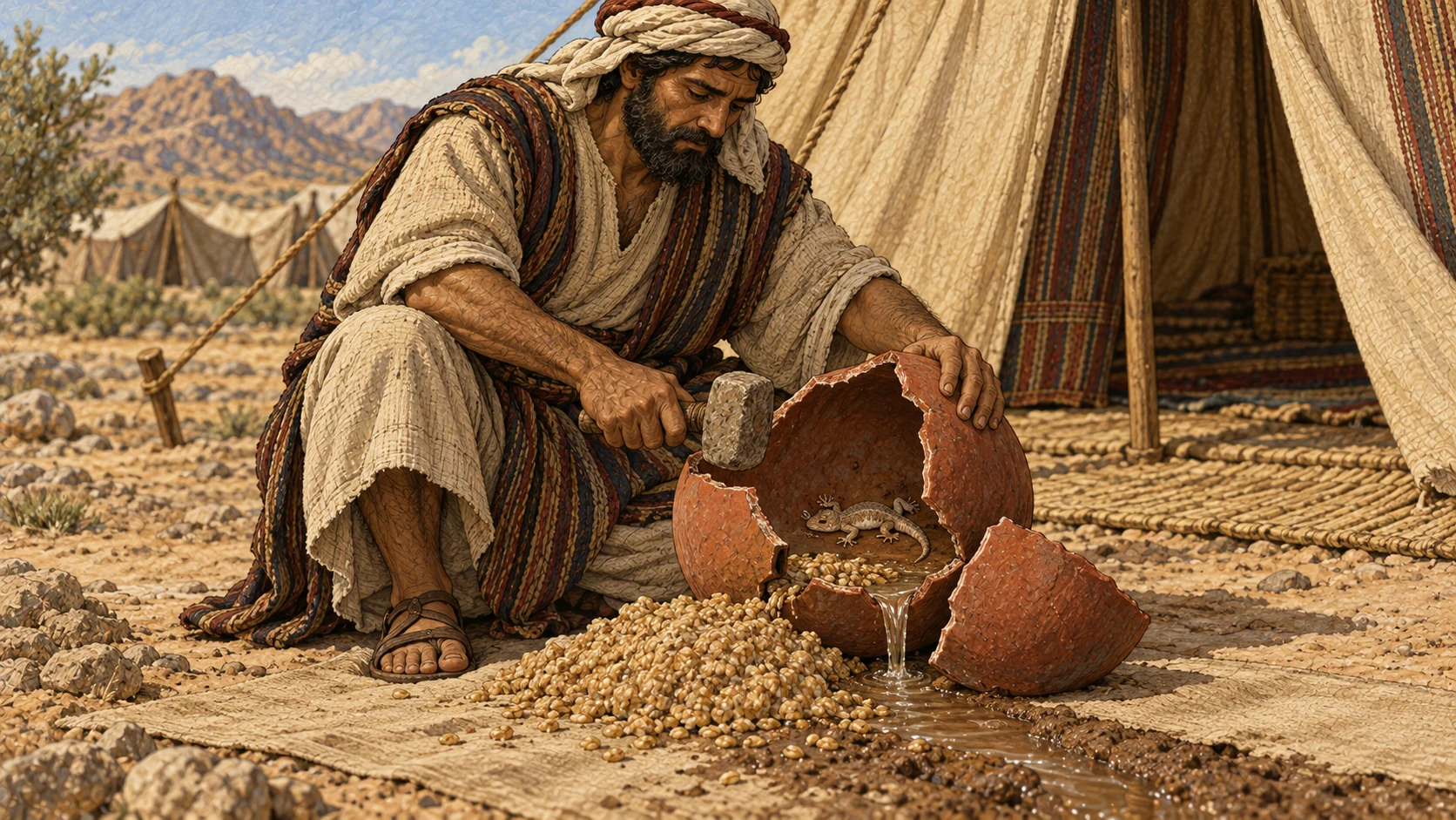 In a camp kitchen, an Israelite carefully breaks one contaminated earthenware jar into large pieces after a tiny dead gecko has fallen inside, while discarding the wetted food and drink that shared the vessel. The action is deliberate and contained. No bronze vessel, oven demolition, blood, gore, infestation, shattered fragments flying at people, labels, or modern kitchen objects.