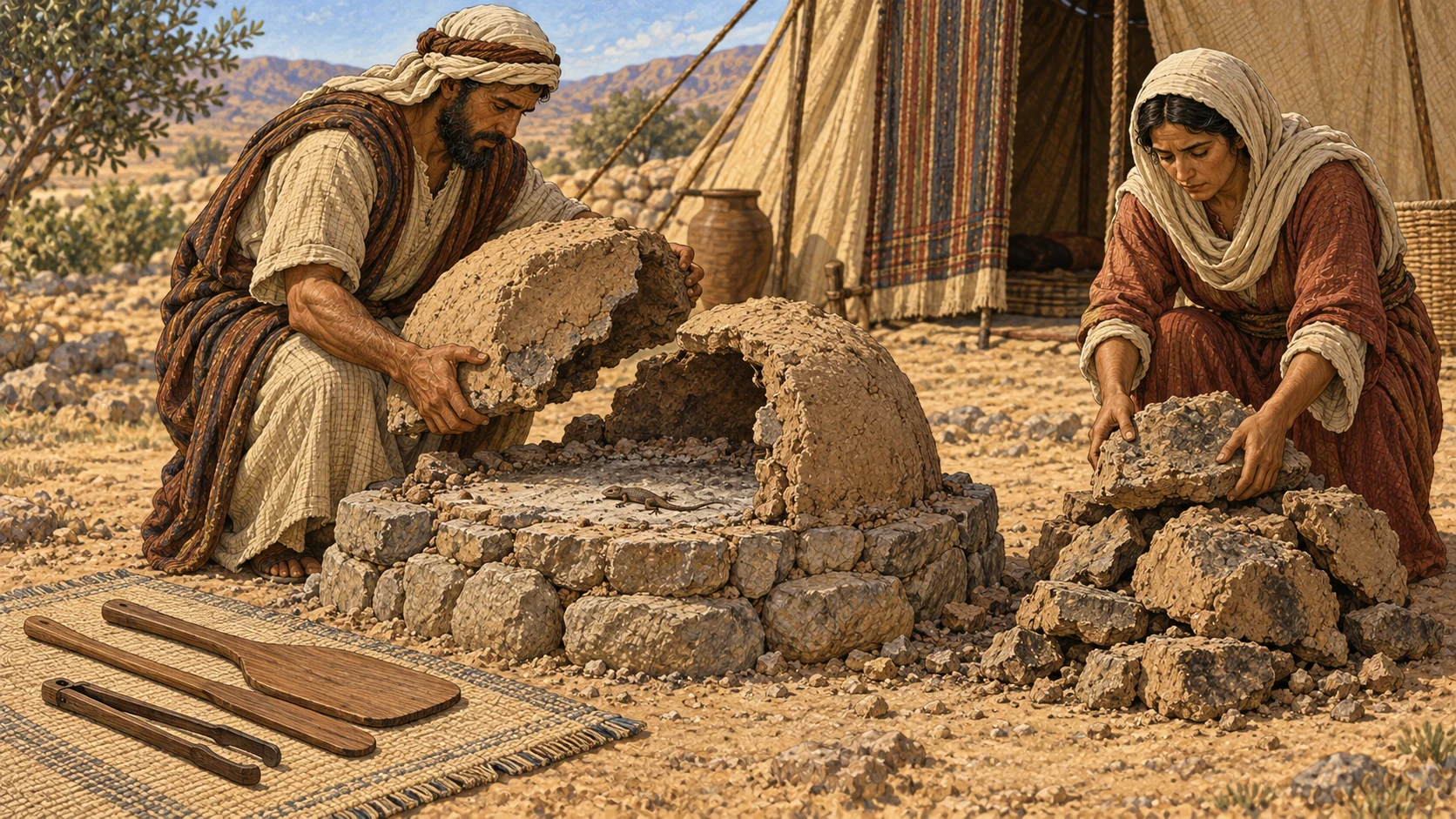 Outside a family tent, two Israelites dismantle a small clay oven and hearth stone by stone after discovering a tiny dead lizard on it. They stack the contaminated fragments away from clean cooking tools. No food, active fire, blood, gore, large animal, panic, text, or modern masonry equipment.