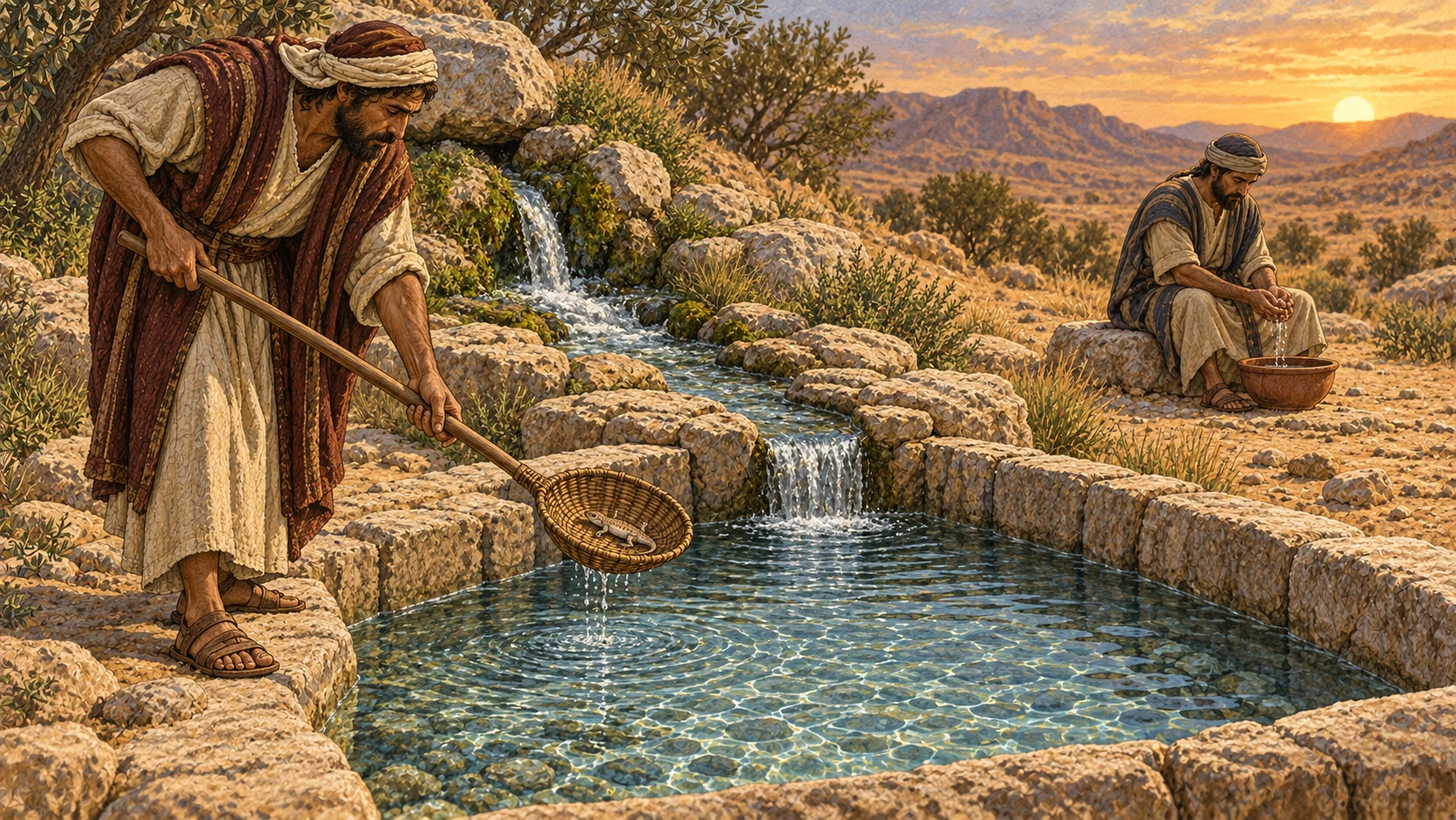 At a rock-lined desert spring and collecting cistern, clear water continues to flow as an Israelite uses a long wooden scoop to remove a tiny dead creature without touching it. Another person who accidentally touched the carcass washes and waits apart until evening. Emphasize the protected living water; no polluted color, blood, gore, drinking from carcass area, labels, or modern pump.
