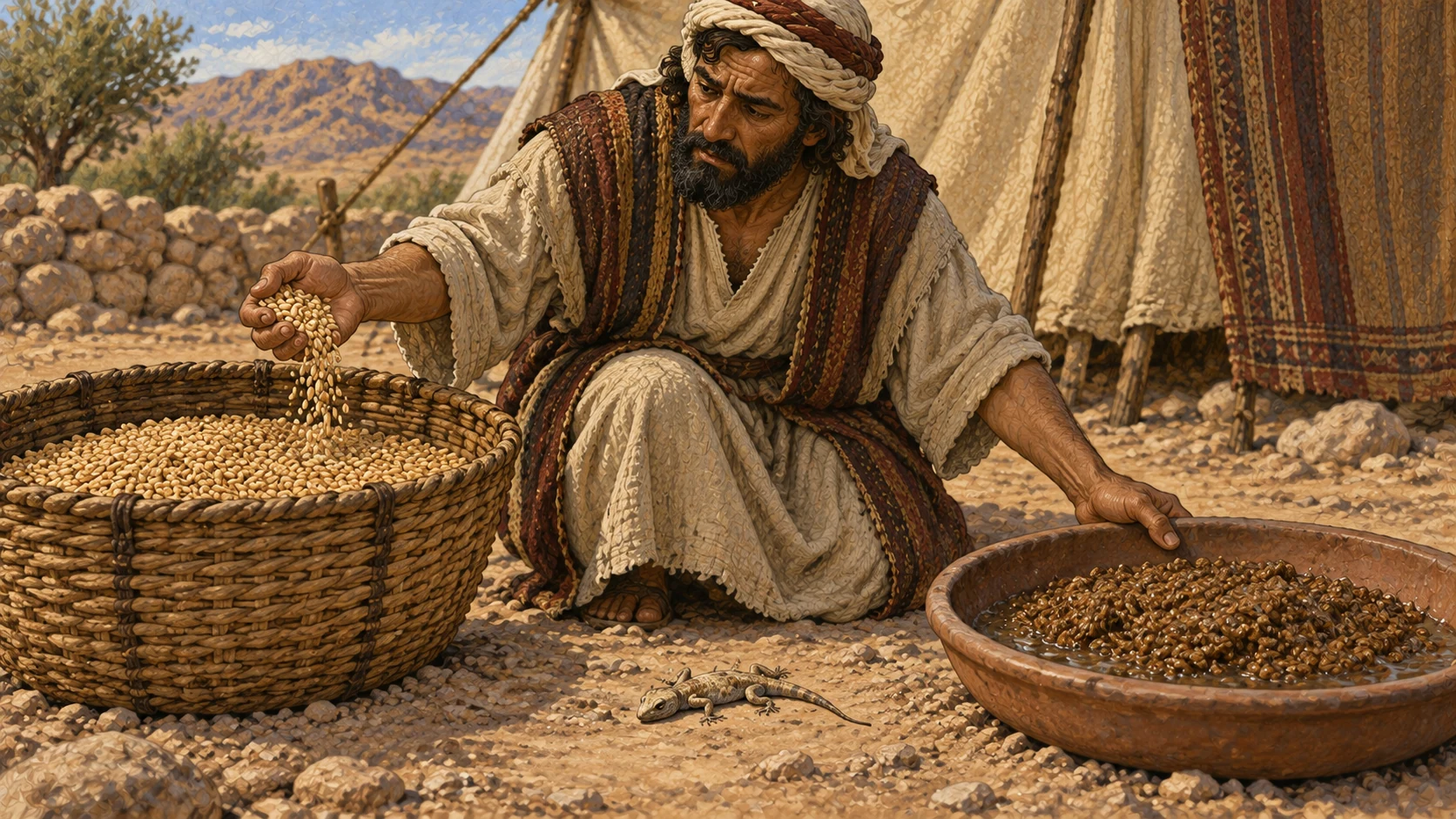 A farmer examines two adjacent stores of sowing seed after a tiny dead lizard falls nearby: the untouched dry seed remains loose and usable in one basket, while a second batch already dampened with water is set aside as unclean. Clear contrast through texture and separate containers, no split-panel border, labels, sprouts, eating, blood, or infestation.