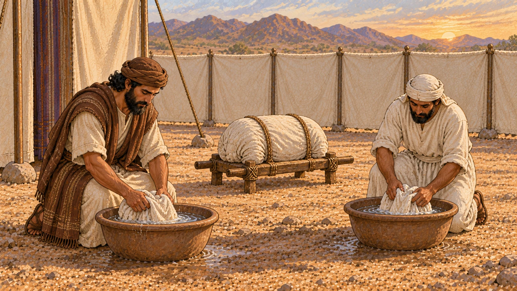 At the edge of the camp, a food-permitted sheep has died naturally and lies fully covered on a simple litter. Two adults who carried it wash their garments in basins and wait through the warm light of late afternoon. Treat the event respectfully and practically; no slaughter, exposed carcass, eating, blood, gore, predators, labels, or funeral symbolism.