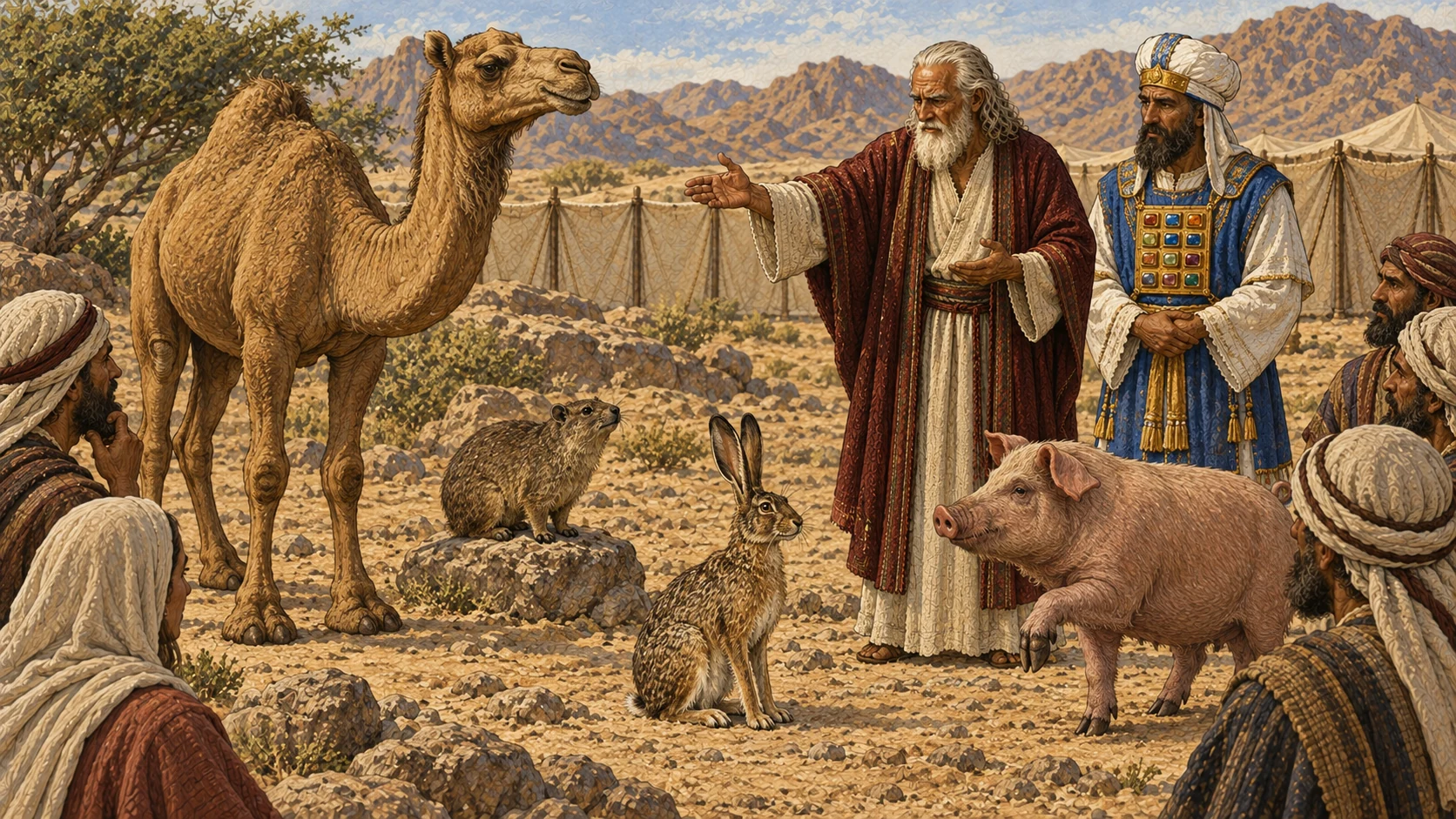 In a broad desert-edge teaching scene, Moses and Aaron warn the gathered people as exactly four living animals stand in separate natural positions: one camel, one small rock hyrax, one hare, and one pig. The camel, hyrax, and hare lack split hooves; the pig's split hoof is visible. No eating, touching carcasses, slaughter, blood, cages, labels, or extra species.