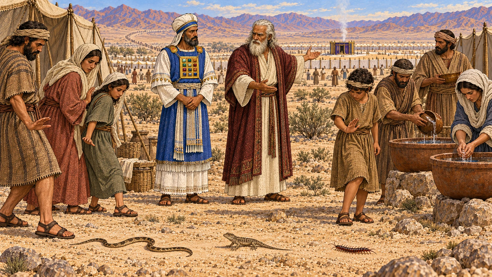 Moses and Aaron stand before Israelite households who deliberately turn away from creeping creatures on the ground and wash their hands and vessels. In the hazy distance, the route from Egypt into the wilderness leads toward the ordered sanctuary, connecting deliverance with consecrated daily life. No pyramids dominating the scene, eating insects, carcasses, blood, labels, humanoid deity, or supernatural figure.