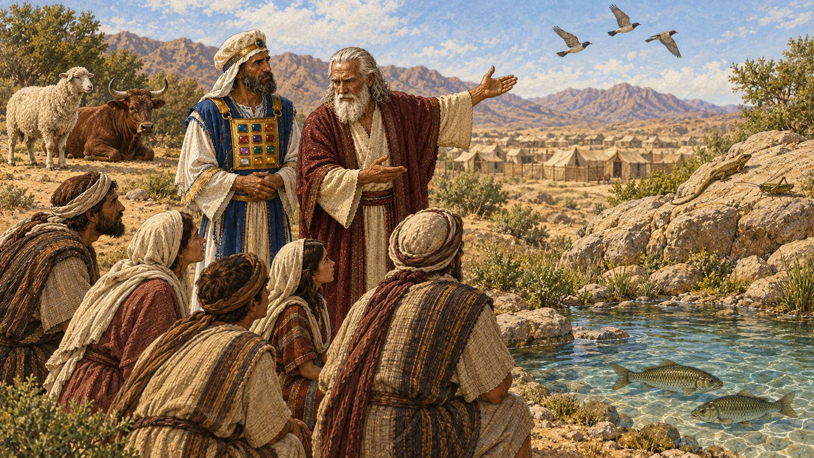In a final outdoor teaching scene, Moses and Aaron guide families among four orderly living-creature groupings: clean livestock, birds at a distance, scaled fish in a clear pool, and small ground creatures kept apart. Adults and older children practice careful discernment through gesture and spacing. One cohesive landscape, no text, chart grid, cages, slaughter, dead animals, blood, or visible deity.