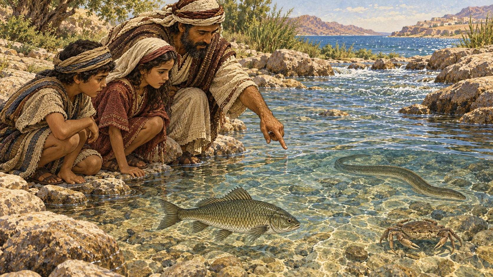 At a clear stream flowing toward the sea, an Israelite parent teaches older children to distinguish a fish with obvious fins and overlapping scales from nearby aquatic creatures lacking one or both features, such as an eel and a small shellfish. The permitted fish is foregrounded and the others remain in water. No catch basket, eating, dead fish, blood, labels, modern gear, or fantastical sea monsters.