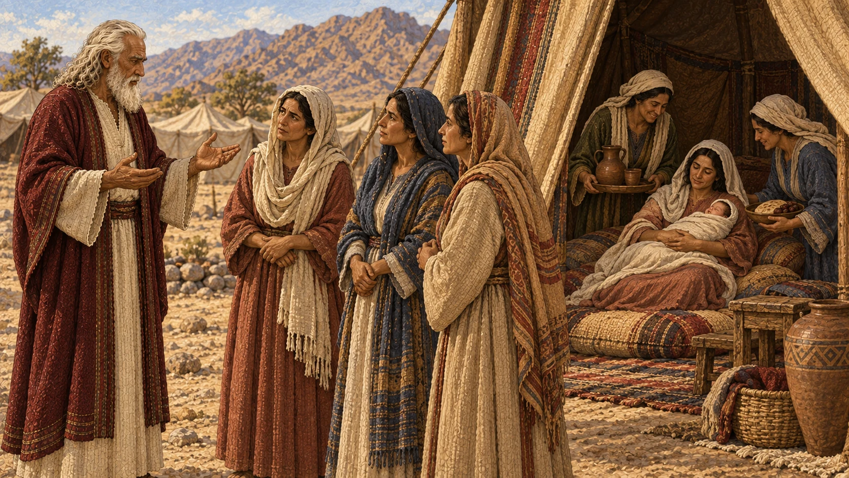 Moses in cream robe and burgundy mantle teaches a small group of Israelite women outside a family tent while, within the shaded entrance, a fully clothed new mother rests on cushions holding her swaddled newborn son. Female relatives bring water and food with gentle care. No childbirth action, exposed body, blood, medical instruments, stigma, or priest entering the tent.