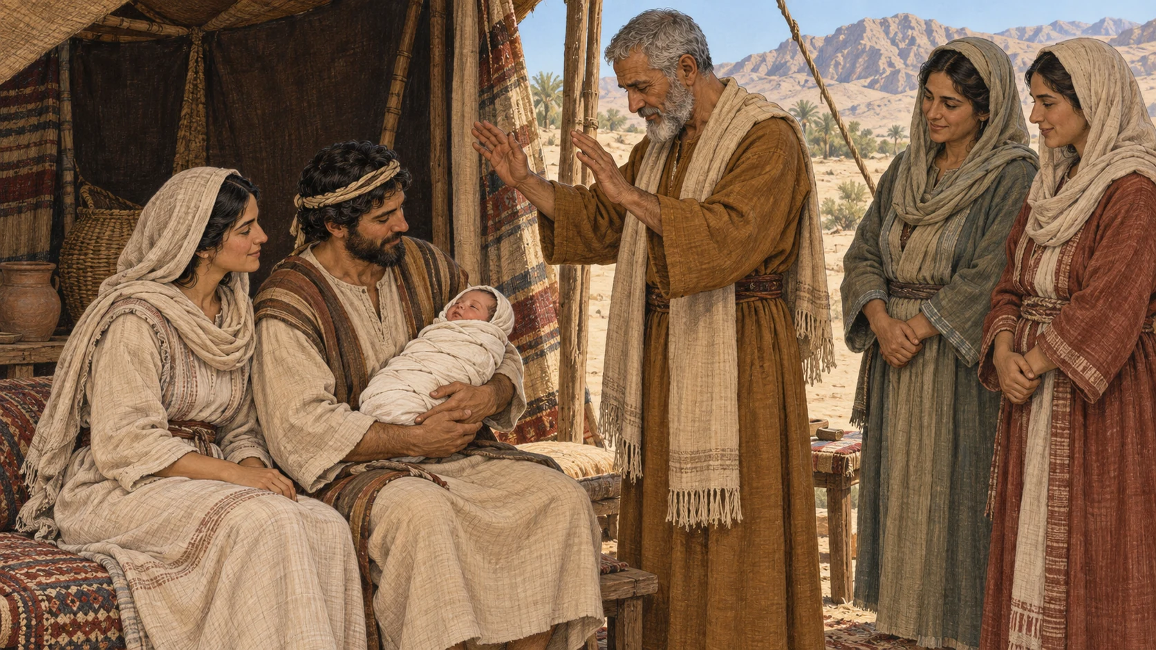 On the eighth morning, a swaddled infant boy rests securely in his father's arms during a quiet covenant ceremony attended by his mother, an elder, and close family. Frame faces, hands, woven cloth, and prayerful attention; keep the rite entirely implied and below the frame. No exposed infant anatomy, blade, blood, wound, medical detail, crowd, or text.