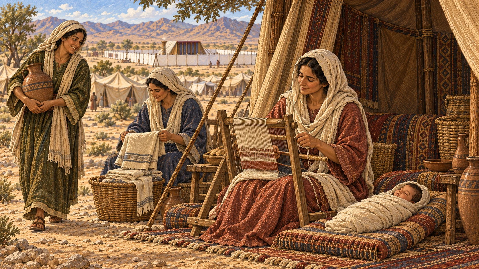 The mother of the infant son recovers peacefully at her family tent over the following weeks, weaving beside the sleeping swaddled baby while relatives handle household work. The sanctuary remains visible at a respectful distance, and she does not approach its holy objects. No calendar text, blood, illness, isolation as punishment, priest, offering animals, or visible deity.