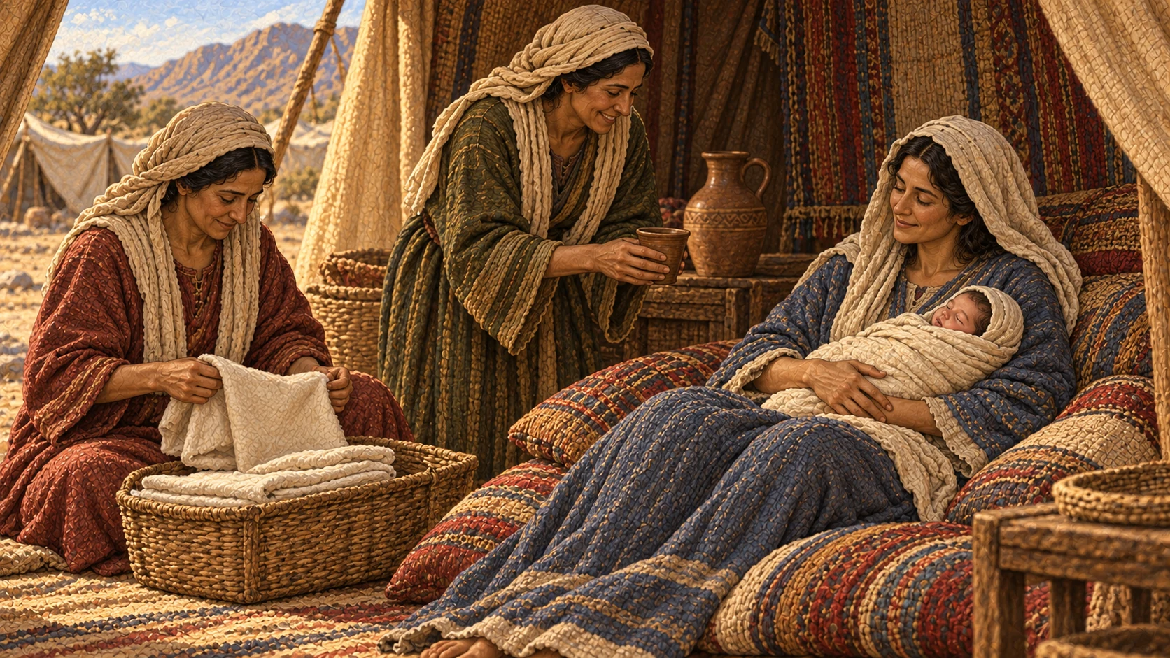 A fully clothed Israelite mother rests in a warm family tent holding her swaddled newborn daughter while women relatives care for them through the longer protected recovery period. A sequence of changing daylight enters through the tent opening without split panels. No childbirth action, exposed body, blood, calendar markings, stigma, abandonment, or sanctuary ritual.