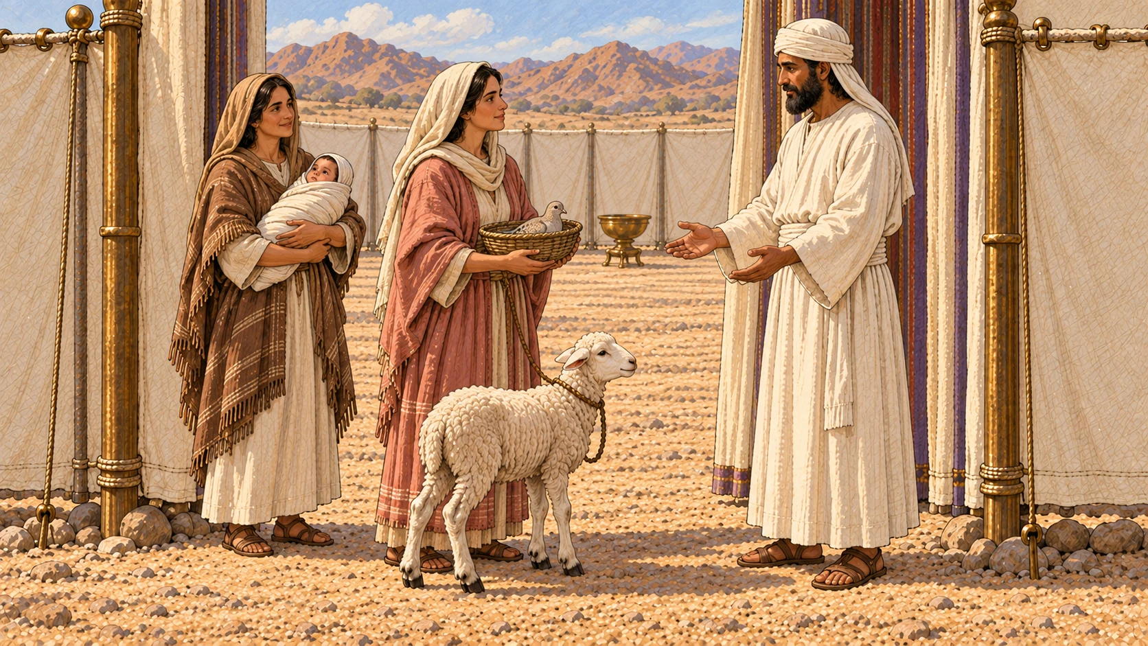After her days are complete, a recovered mother stands at the entrance of the tent of meeting and presents exactly one healthy year-old lamb and one living turtledove in a small open basket to a white-linen priest. Her infant remains safely held by a relative behind her. Initial presentation phase; no slaughter, blade, blood, wound, carcass, extra birds, or altar action.
