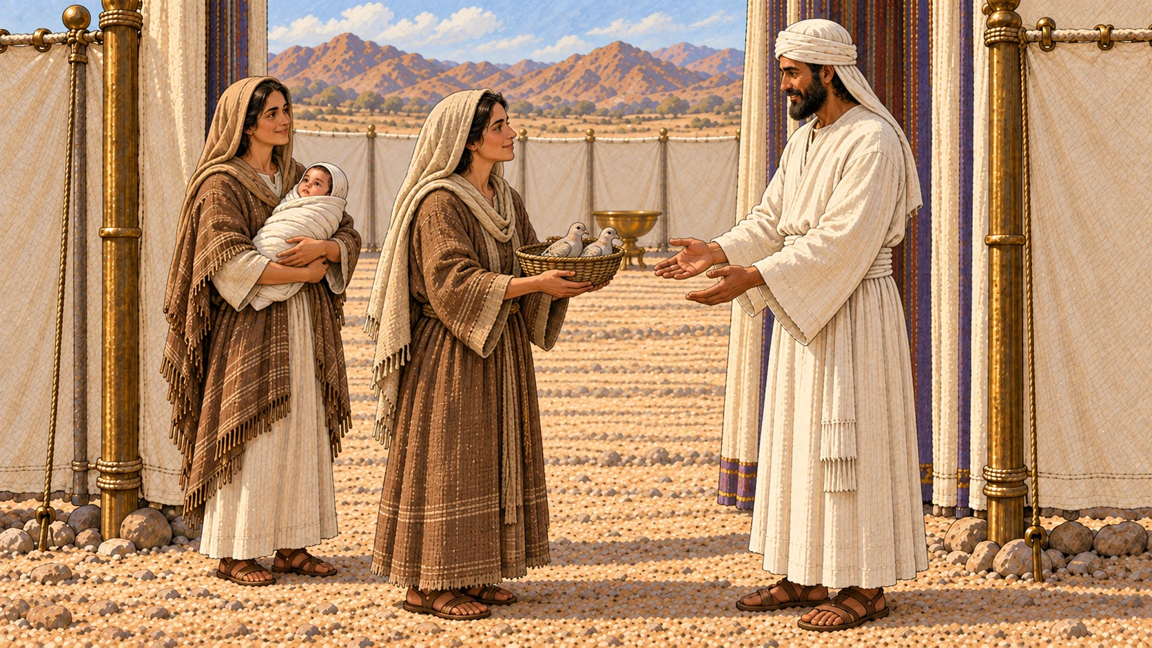 A mother of modest means approaches the sanctuary with exactly two living turtledoves in one small open woven basket, one for each offering. A white-linen priest receives her with compassion while a relative holds her swaddled infant nearby. Emphasize equal access and exact count; no lamb, additional birds, blood, slaughter, pitying crowd, or visible deity.