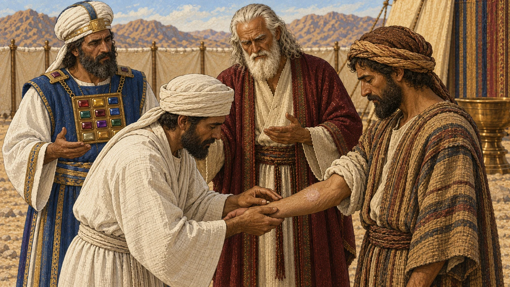 Moses and Aaron instruct an adult white-linen priest who gently examines a small pale swelling on an Israelite man's forearm in clear daylight. A few white hairs and subtle depth are visible only on close inspection; the patient remains fully clothed and calm. No magnifying glass, touching with bare instruments, exposed torso, lesions elsewhere, blood, pain, disgust, or crowd.