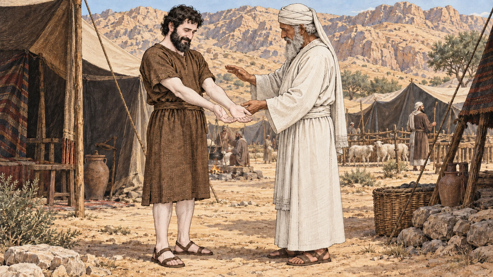 A priest re-examines a clothed man whose visible skin is pale without raw areas. The scene depicts the final examination in verse 17; the accompanying verses retain the rules about widespread whitening and raw flesh.