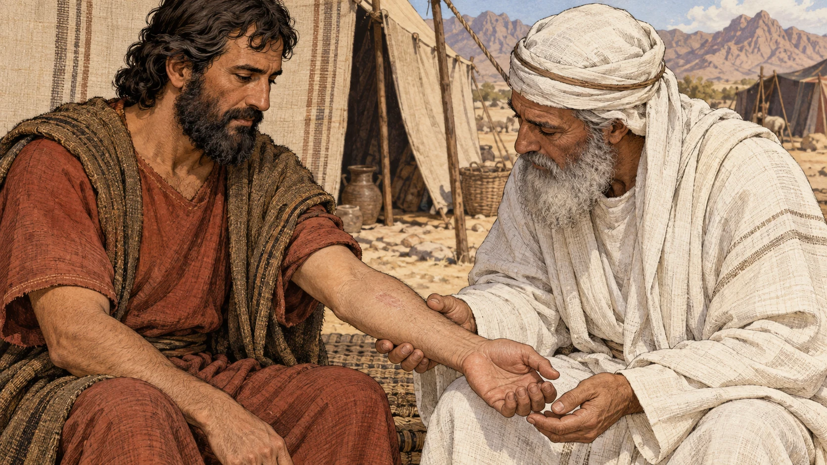 A white-linen priest examines a faint healed boil scar on a clothed man’s forearm. The illustration depicts the final examination; the accompanying verses explain the observation period and alternative findings.