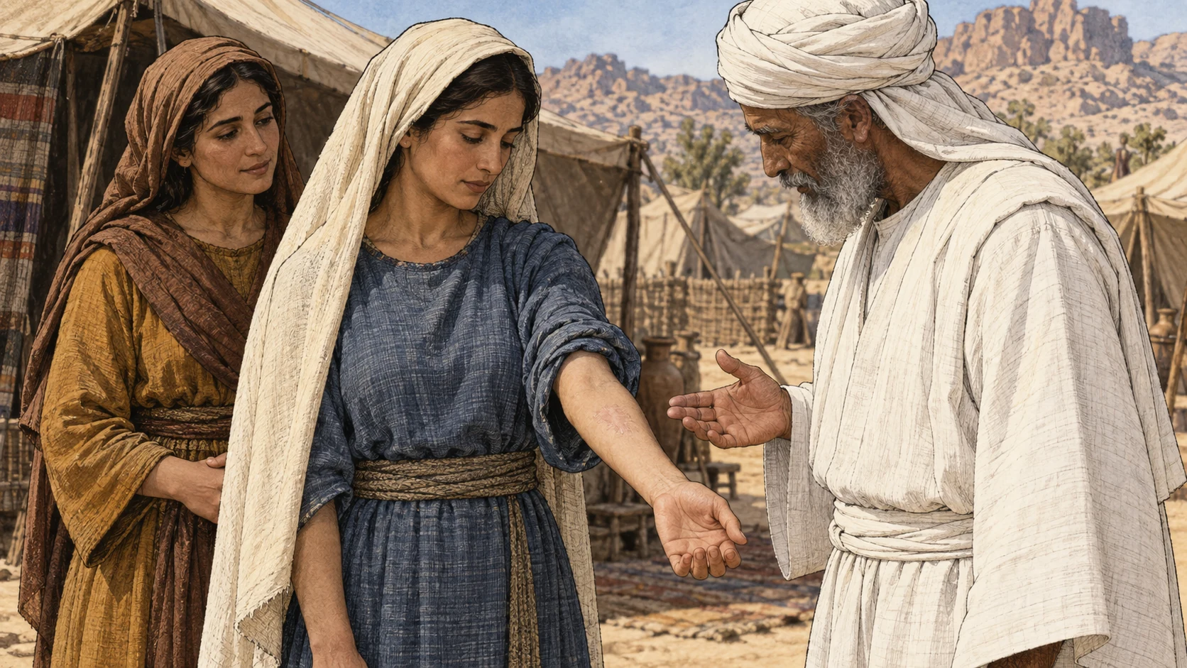 A woman presents a faded burn scar on her forearm to a white-linen priest while a companion stands nearby. The image depicts the final examination; the accompanying verses preserve the observation period and alternative findings.