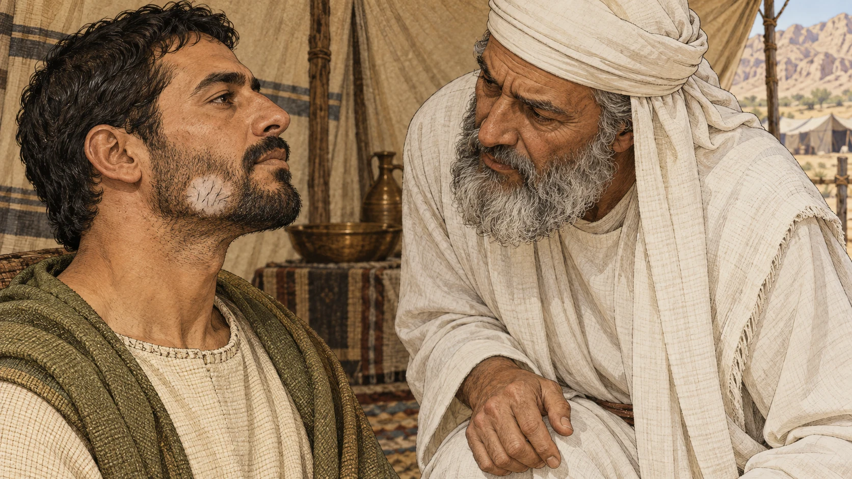 A white-linen priest examines a pale patch at a man’s beard line with dark hairs visible within it. The image depicts the final examination in verse 37; the accompanying verses preserve the observation periods, shaving, washing, and alternative findings.