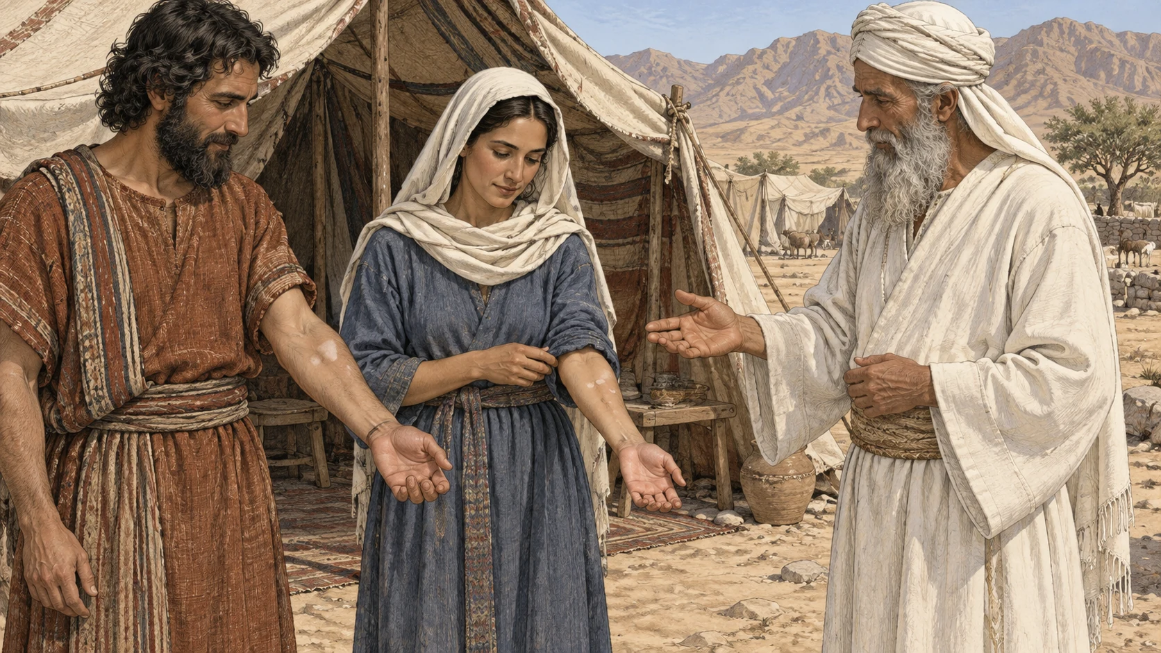 An adult man and woman each show a few dull pale spots on their forearms to a white-linen priest in bright natural light. The priest reassures them that the harmless rash is clean, and both people visibly relax. Fully clothed, ordinary skin texture, no spreading lesions, white hair, raw flesh, blood, fear, social exclusion, or modern medical setting.