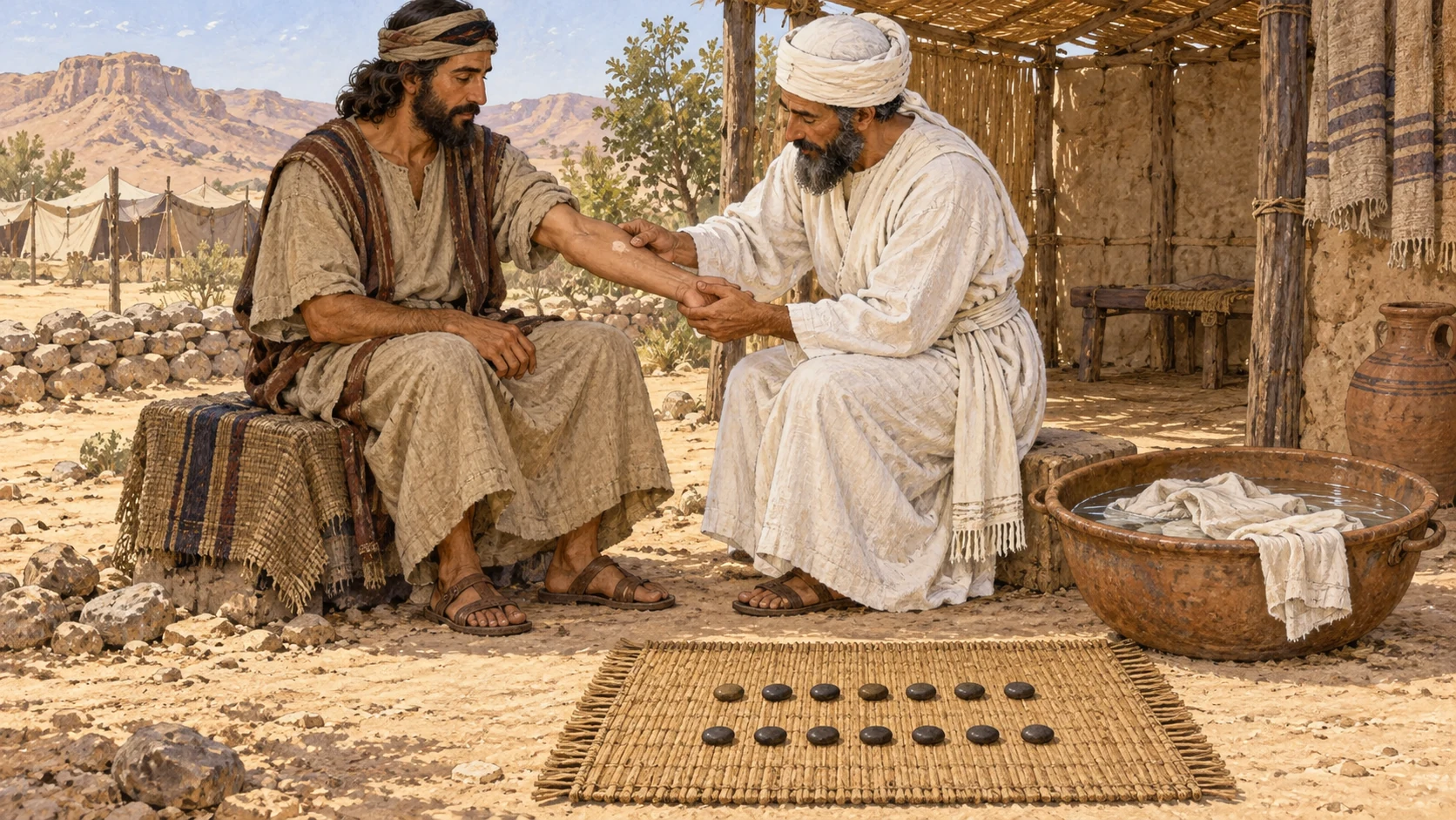 At the camp boundary, a priest re-examines a faint unchanged spot on a clothed man's forearm after two patient seven-day observation periods, symbolized by two rows of exactly seven small pebbles beside the shelter. The faded spot has not spread; clean garments wash in a basin nearby. Exactly fourteen pebbles, no labels, prison bars, guards, severe lesions, blood, stigma, or modern clinic.