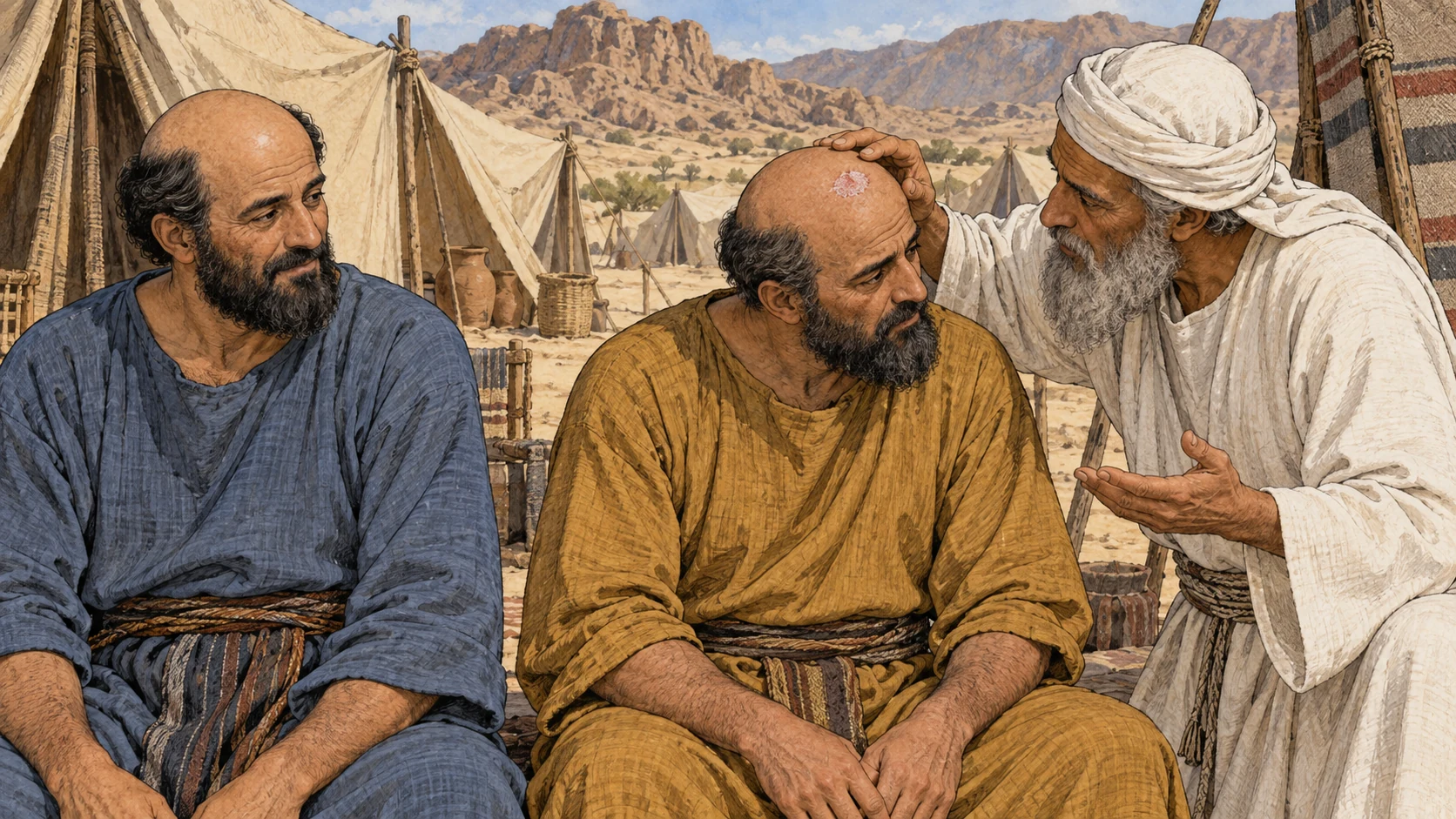 A white-linen priest examines two dignified bald adult men: one has ordinary smooth baldness and stands reassured, while the other shows one restrained whitish-red spot at the hairline and receives a sober unclean finding. Use spacing and gesture to distinguish the outcomes. No mockery, grotesque lesion, blood, pus, gore, exposed torso, labels, or crowd.