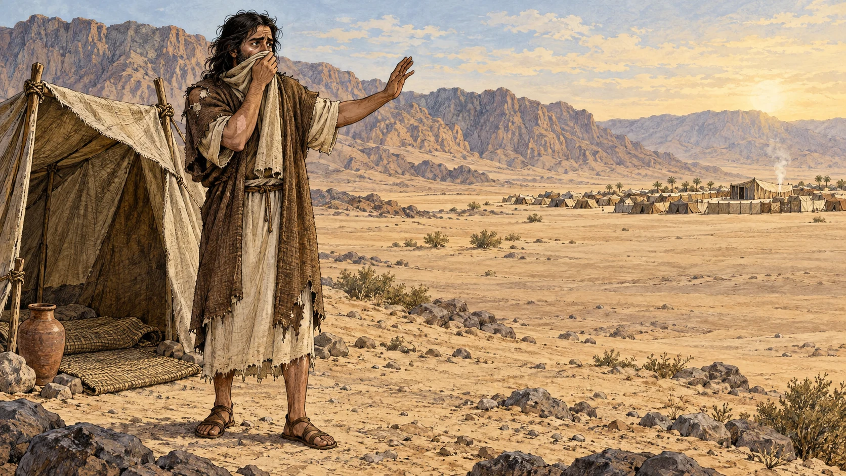 A solitary man stands beside his shelter outside the distant camp. His garments are torn, his hair unkempt, and a cloth covers his mustache as he raises a warning hand. The accompanying verses preserve the spoken cry and duration of separation.