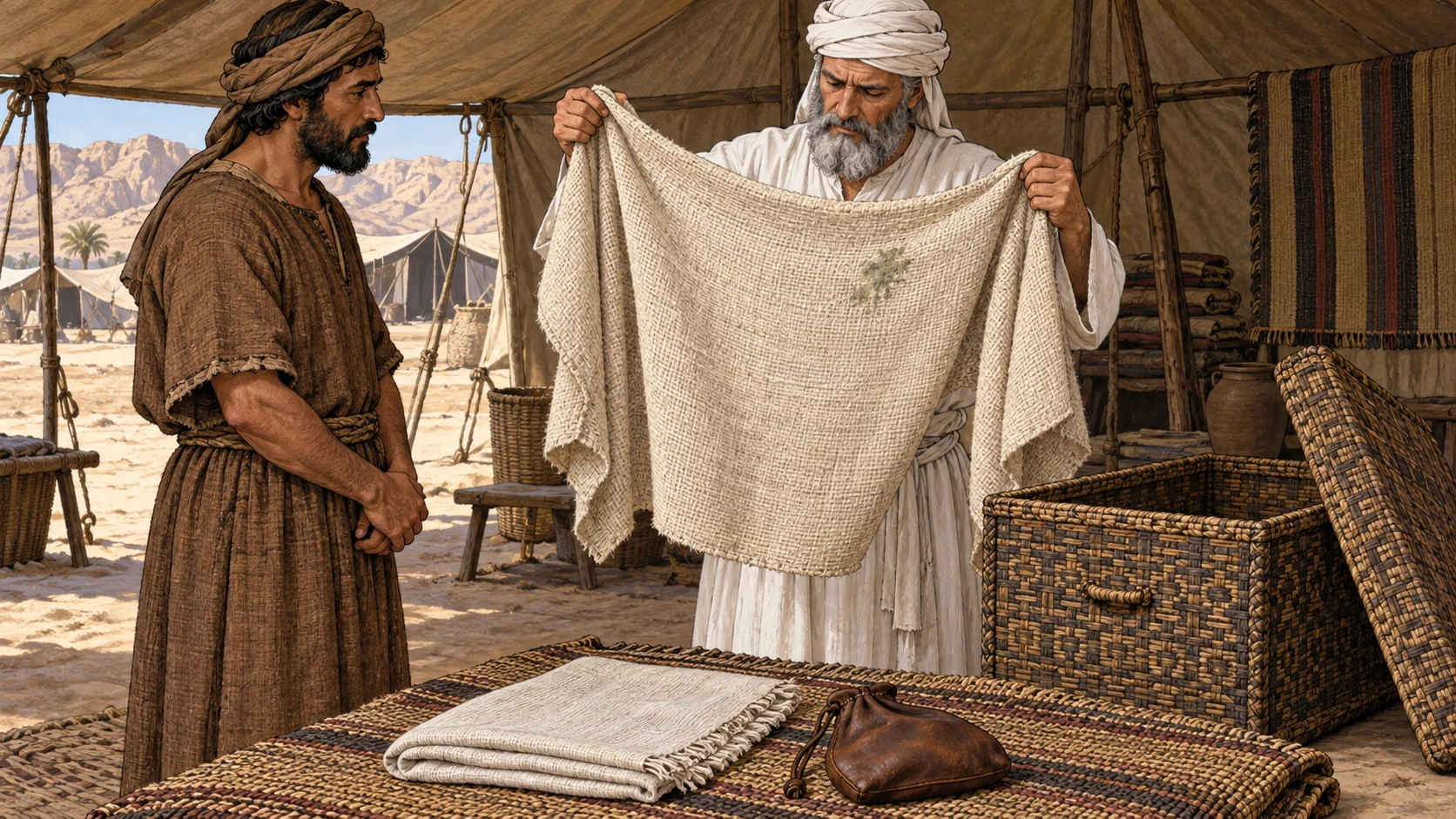 A priest examines a greenish stain in a coarse garment beside an open woven chest. Folded linen and a leather article show other materials named in the passage. The accompanying verses state the seven-day isolation.