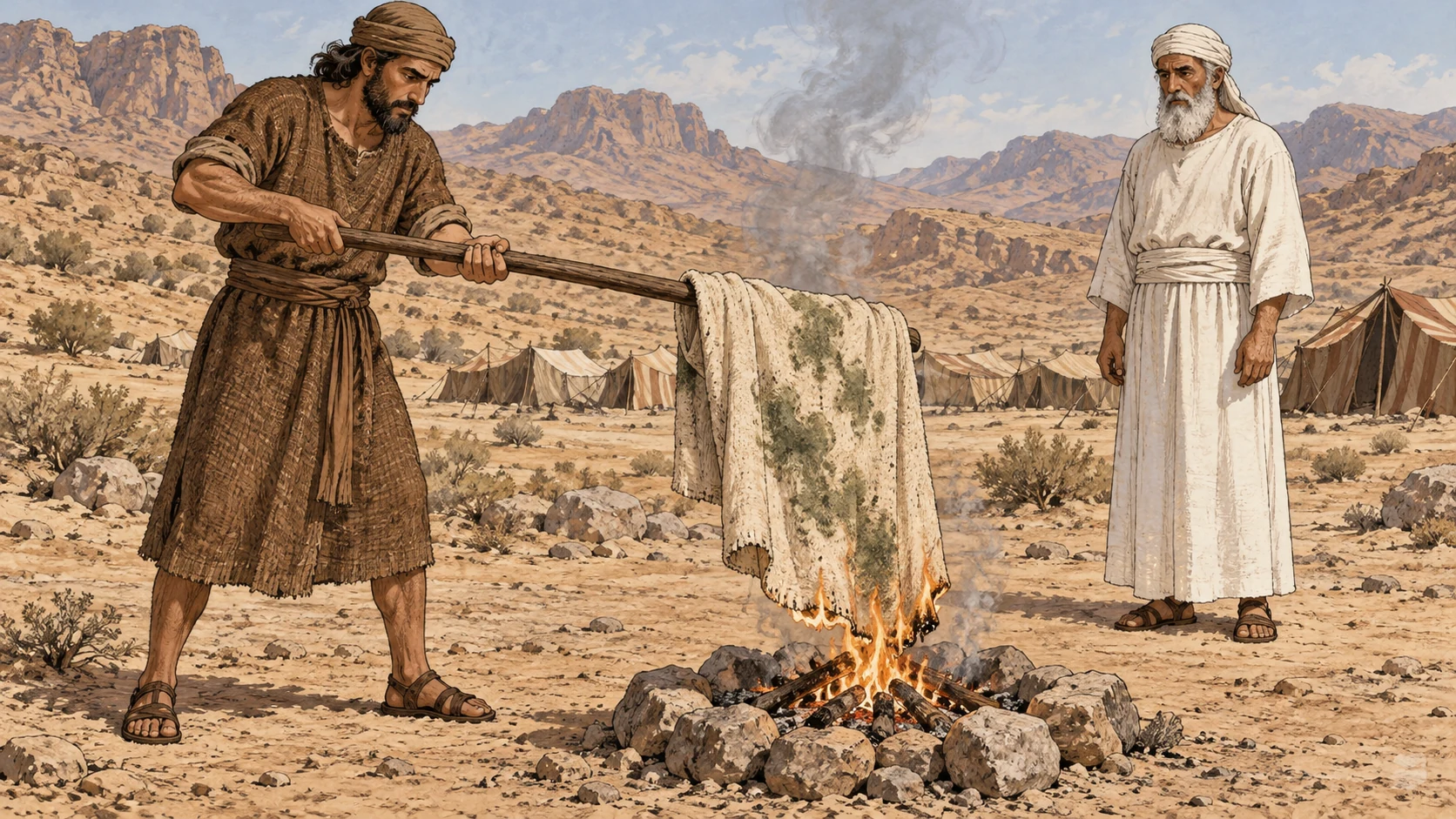 An attendant lowers a stained garment into a small outdoor fire while the priest watches. The accompanying verses describe the seventh-day examination and the instruction to burn the affected article.