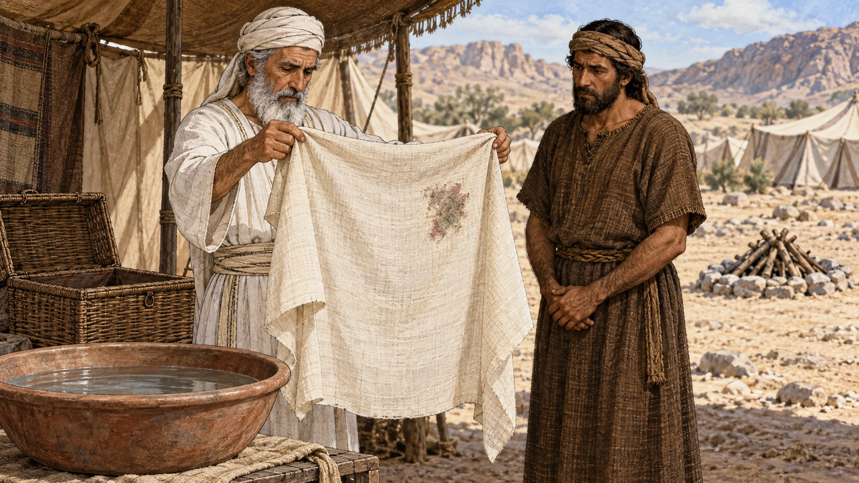 The priest examines a stained linen textile beside a washing basin and open storage chest. Firewood is prepared beyond the work area. The accompanying verses describe washing, another seven-day isolation, and the final finding.