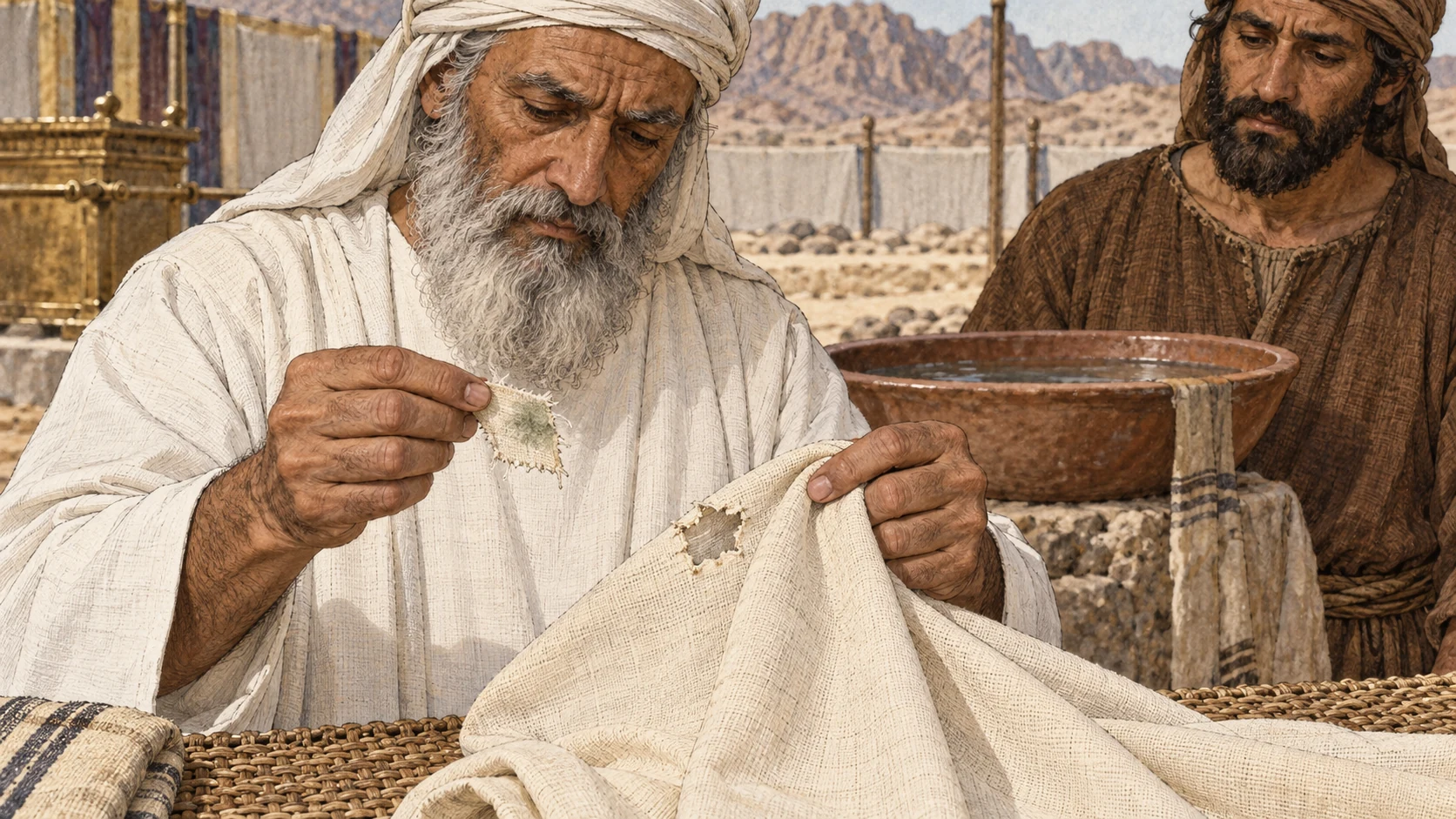 The priest holds a small discolored piece torn from a linen garment, beside the opening left in the cloth. The verse explains that the spot had faded after washing.