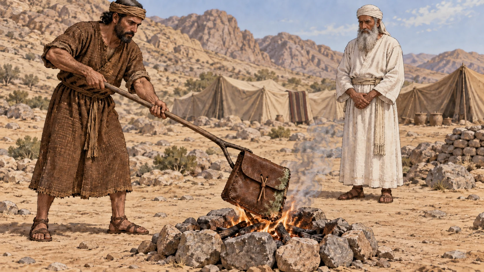 An attendant lowers a discolored leather pouch into a small fire while the priest watches. The accompanying verse explains the returning outbreak and instruction to burn the affected article.