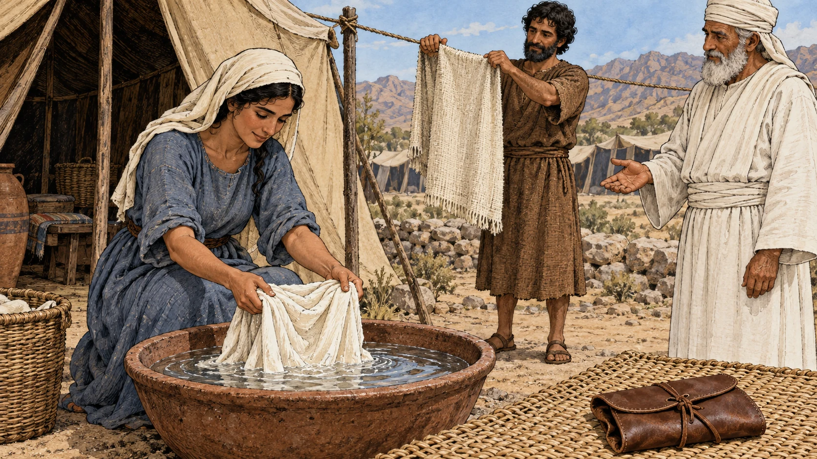 A woman washes a spotless textile while a man holds clean cloth at a drying line and the priest watches. A leather article rests nearby. The verses specify a second washing after the spot has departed and summarize the law.