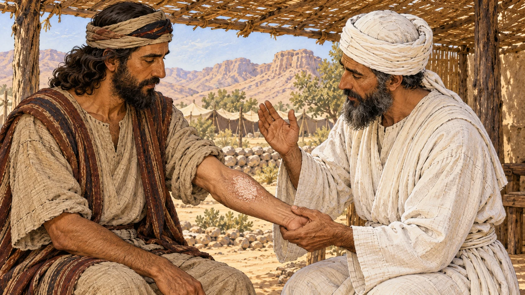 The same Israelite returns voluntarily to a white-linen priest because a restrained scaly patch on his forearm has visibly widened beyond its earlier small boundary. The priest compares it with a simple knotted cord measure and soberly signals the unclean finding. No writing, medical chart, exposed torso, raw flesh, blood, gore, disgust, or hostile crowd.