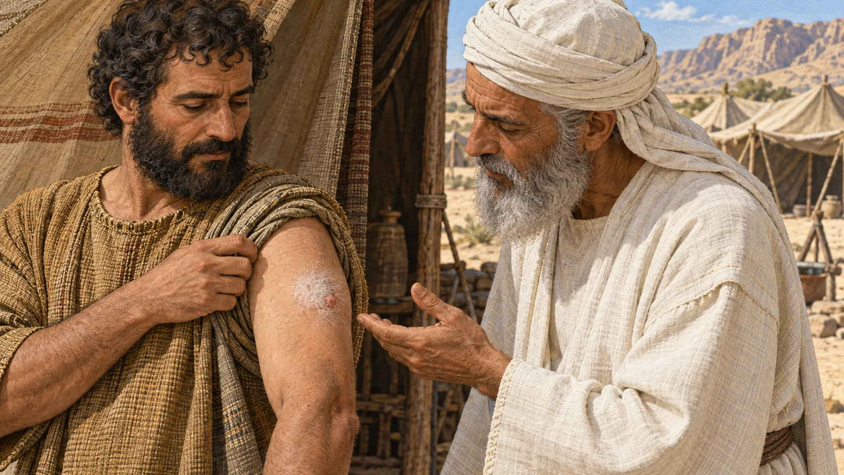 In open daylight, a white-linen priest carefully examines one localized white swelling with white hair and a tiny area of irritated living skin on an adult patient's upper arm. The priest recognizes the chronic condition without imposing another waiting period. Keep the patient fully clothed except the small arm area; no open wound, blood, pus, gore, fear, or shaming.