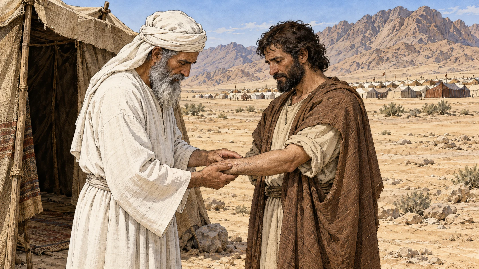 A priest examines a man beside his solitary shelter outside the main camp. The accompanying verses give the instruction to Moses and describe the healed condition found at examination.