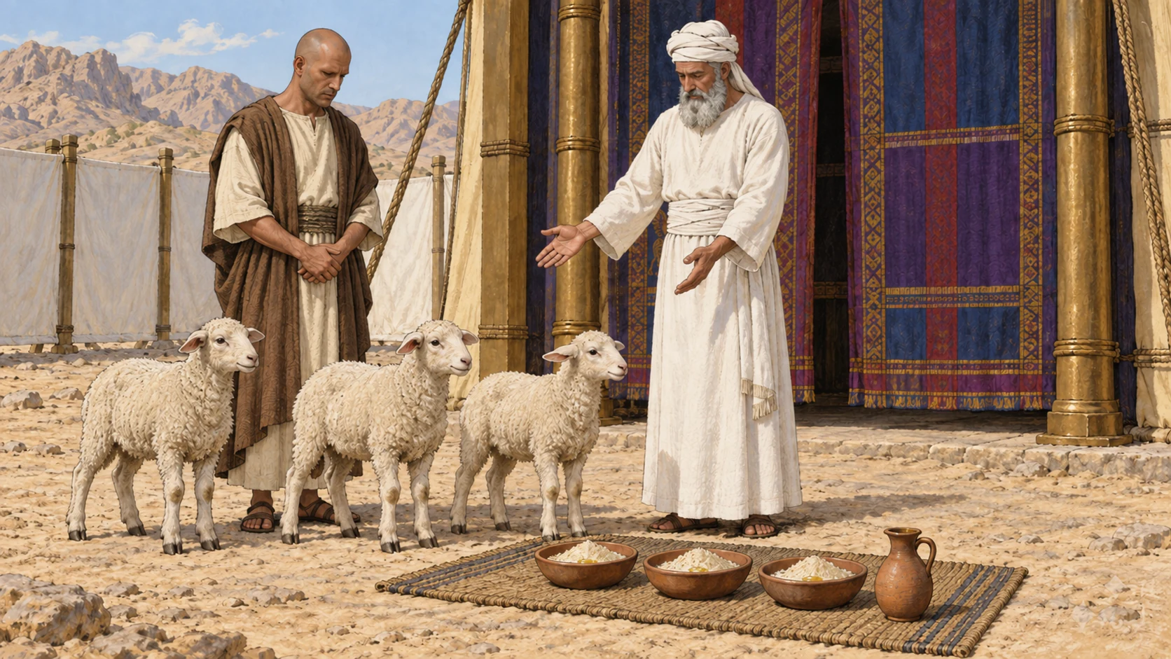 The restored worshipper and priest stand at the tent entrance with three lambs, flour mixed with oil, and an oil vessel. The accompanying verses specify the animals and measures, the wave offering, and the subsequent slaughter.