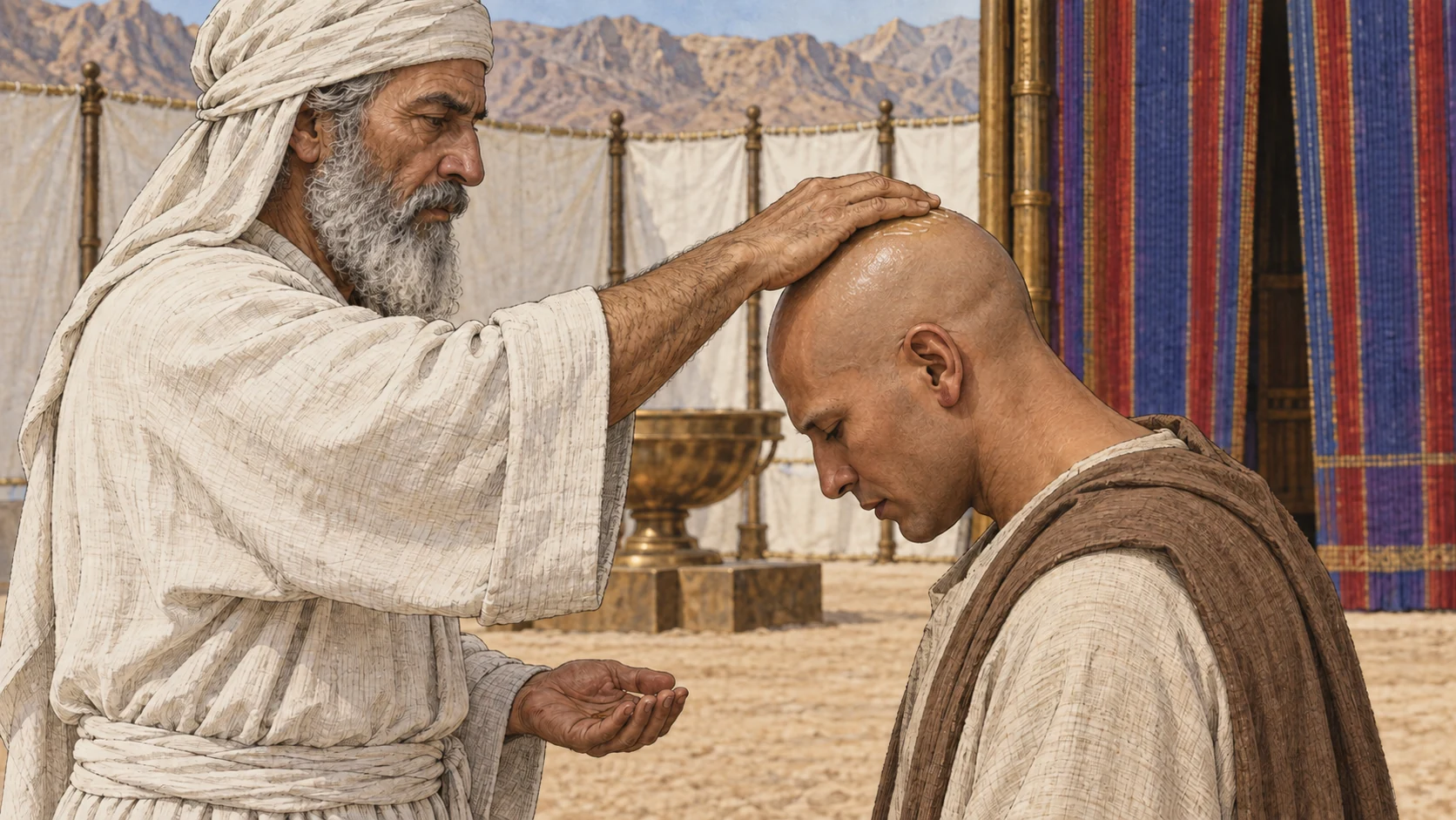 The priest applies the remaining oil to the shaved head of the person being cleansed. The accompanying verses preserve the earlier blood and oil applications to the right ear, thumb and big toe, and the seven sprinklings.