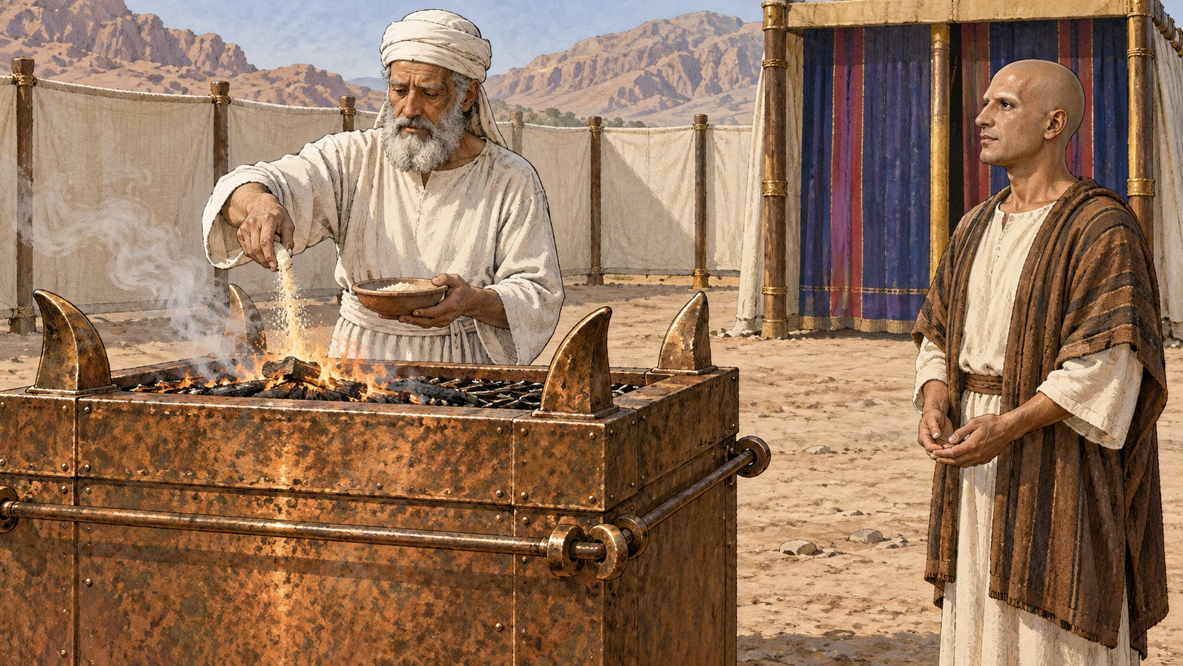 The priest adds grain to the altar fire while the restored worshipper watches. The accompanying verses describe the sin offering, burnt offering, grain offering, and atonement.