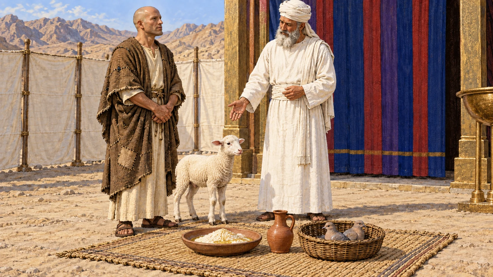 A worshipper of modest means presents one lamb, two birds, flour mixed with oil, and an oil vessel at the tent entrance. The accompanying verses specify the measures, eighth day, and wave offering.