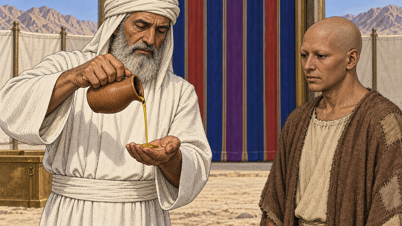 The priest pours oil into his left palm while the worshipper watches. The accompanying verses retain the sacrifice, blood and oil applications, seven sprinklings, and final application to the head.